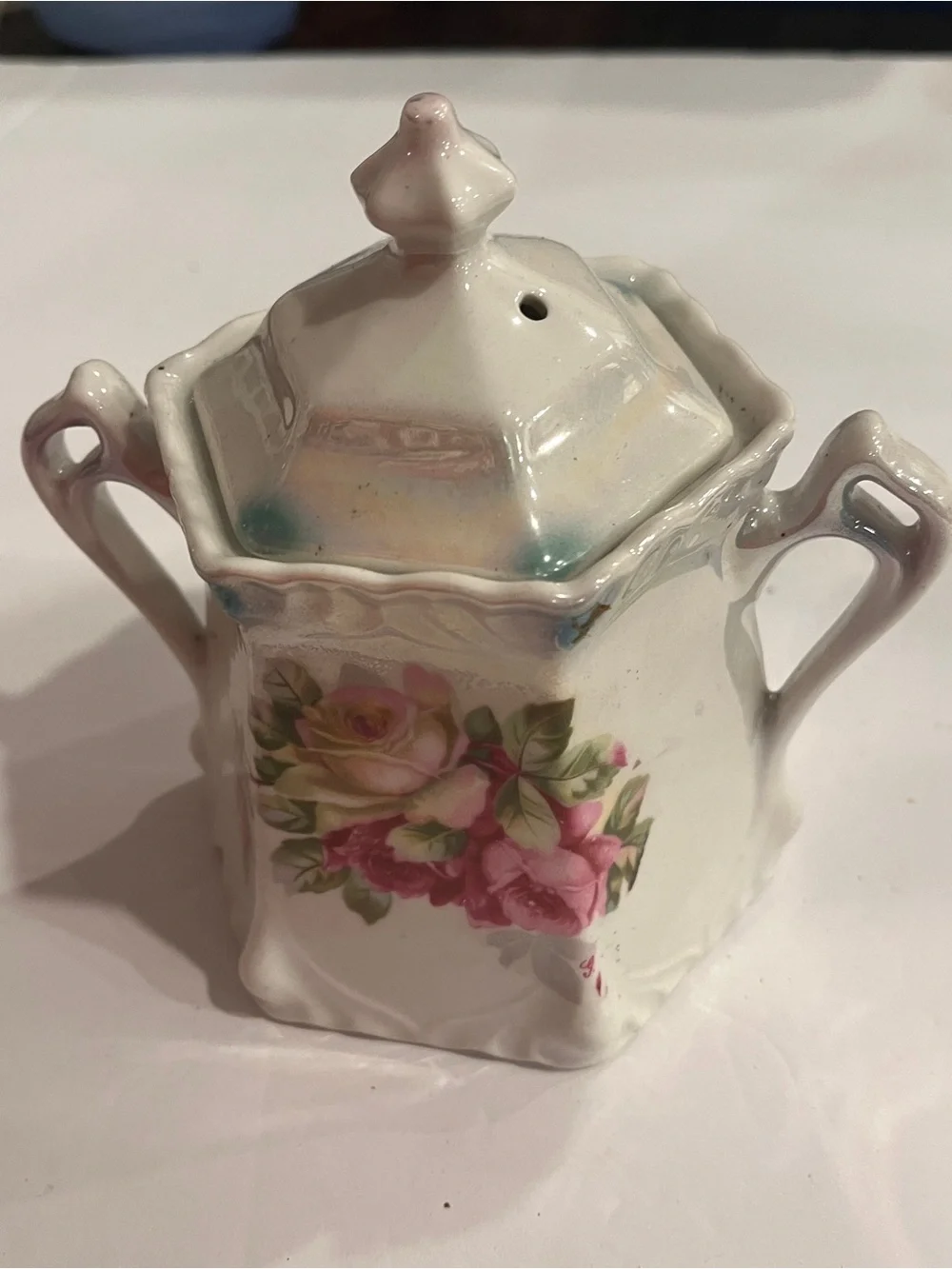 Vintage German Porcelain Floral Sugar Bowl with Pink Rose Accent